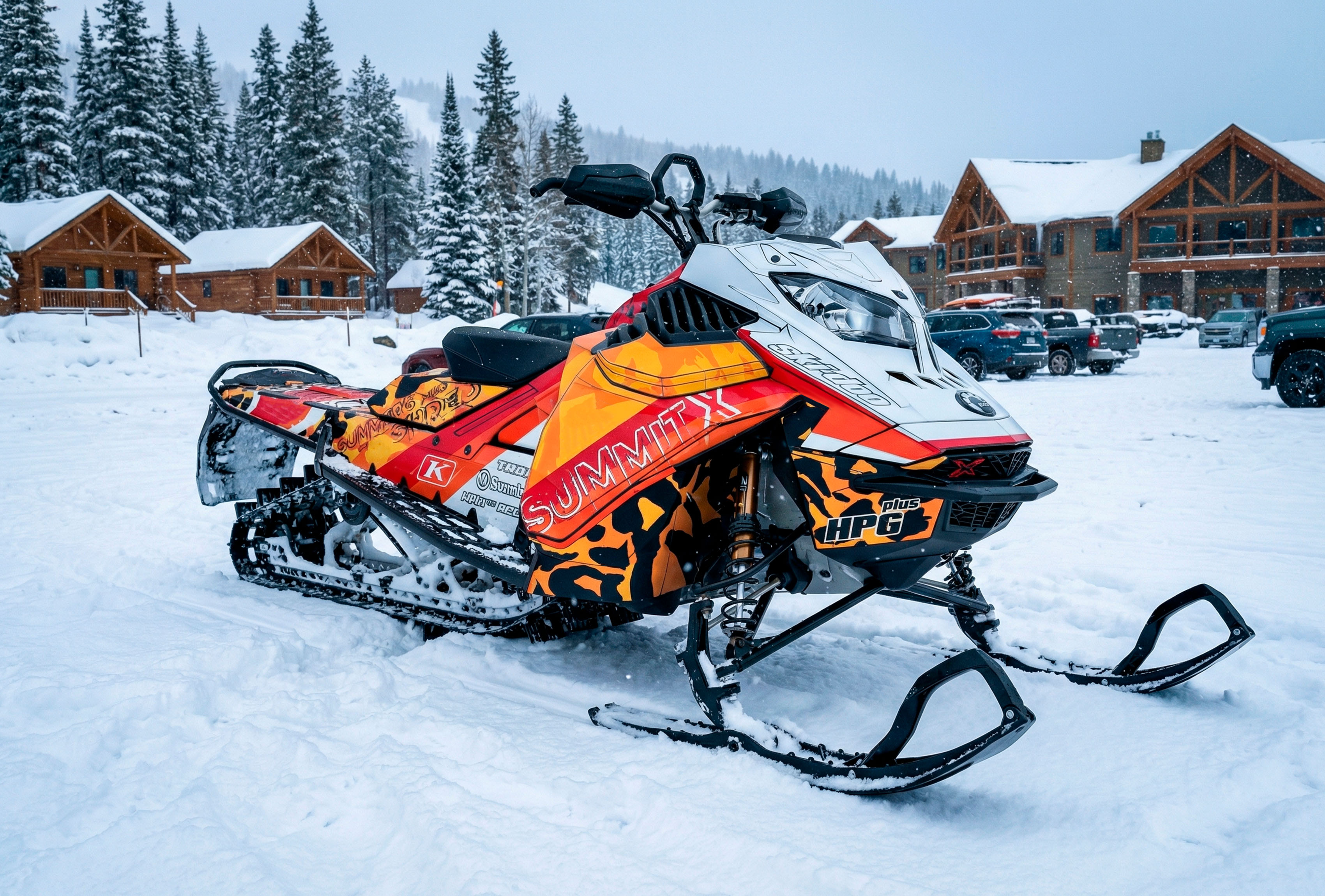Горный снегоход Polaris RMK в эксклюзивном комплекте защитной графики Bulletbro в глубоком снегу