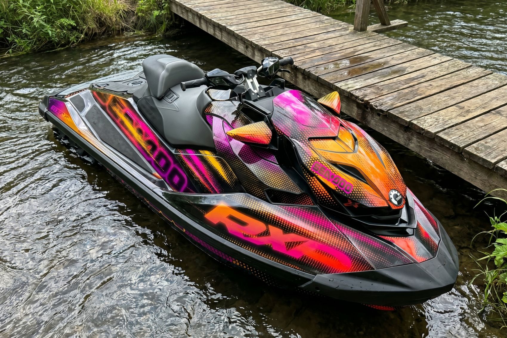 Спортивный гидроцикл Yamaha WaveRunner в ярком неоновом комплекте защитных наклейках от Bulletbro режет волну