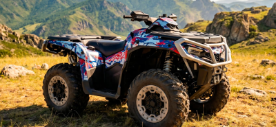 Мощный квадроцикл BRP Can-Am Outlander в премиальном хром-комплекте графики Bulletbro на горном перевале
