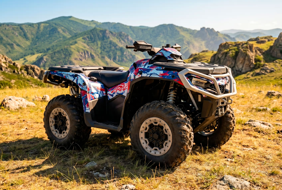 Мощный квадроцикл BRP Can-Am Outlander в премиальном хром-комплекте графики Bulletbro на горном перевале
