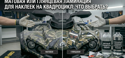 Сравнение матовой и глянцевой фактуры защитных виниловых наклеек на пластике квадроцикла