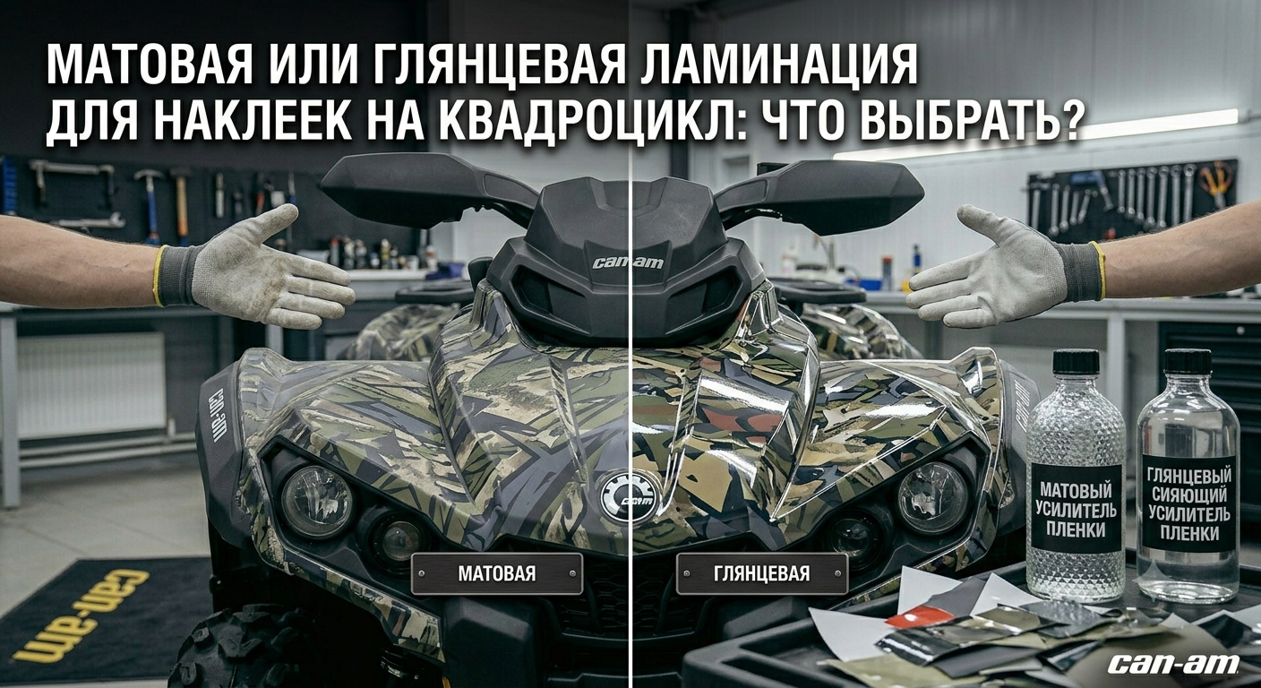 Сравнение матовой и глянцевой фактуры защитных виниловых наклеек на пластике квадроцикла
